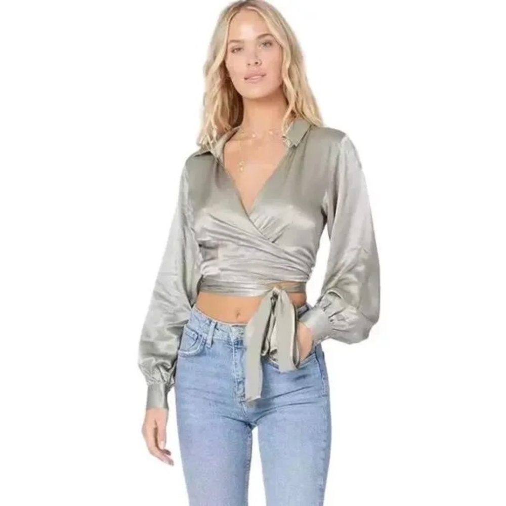 L*Space Gwen Long Sleeve Satin Cropped Wrap Top Light Olive Green Gray Size XS